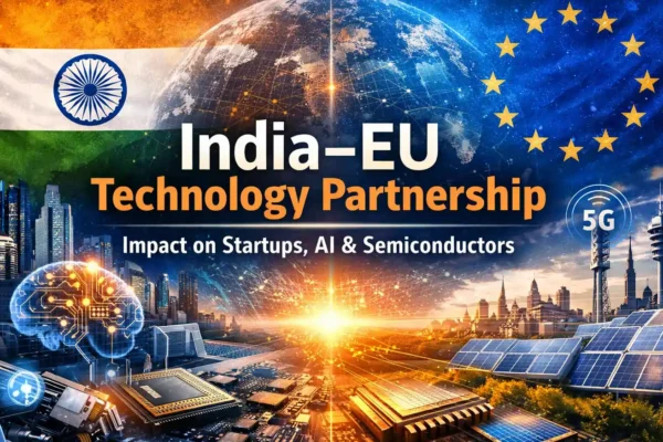 India–EU tech partnership showing AI, semiconductors, 5G, and startups
