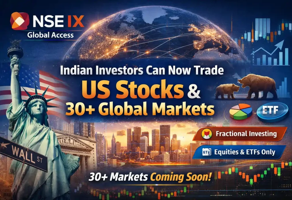 Illustration showing NSE IX Global Access platform allowing Indian investors to trade US stocks and ETFs with planned expansion to over 30 global markets.