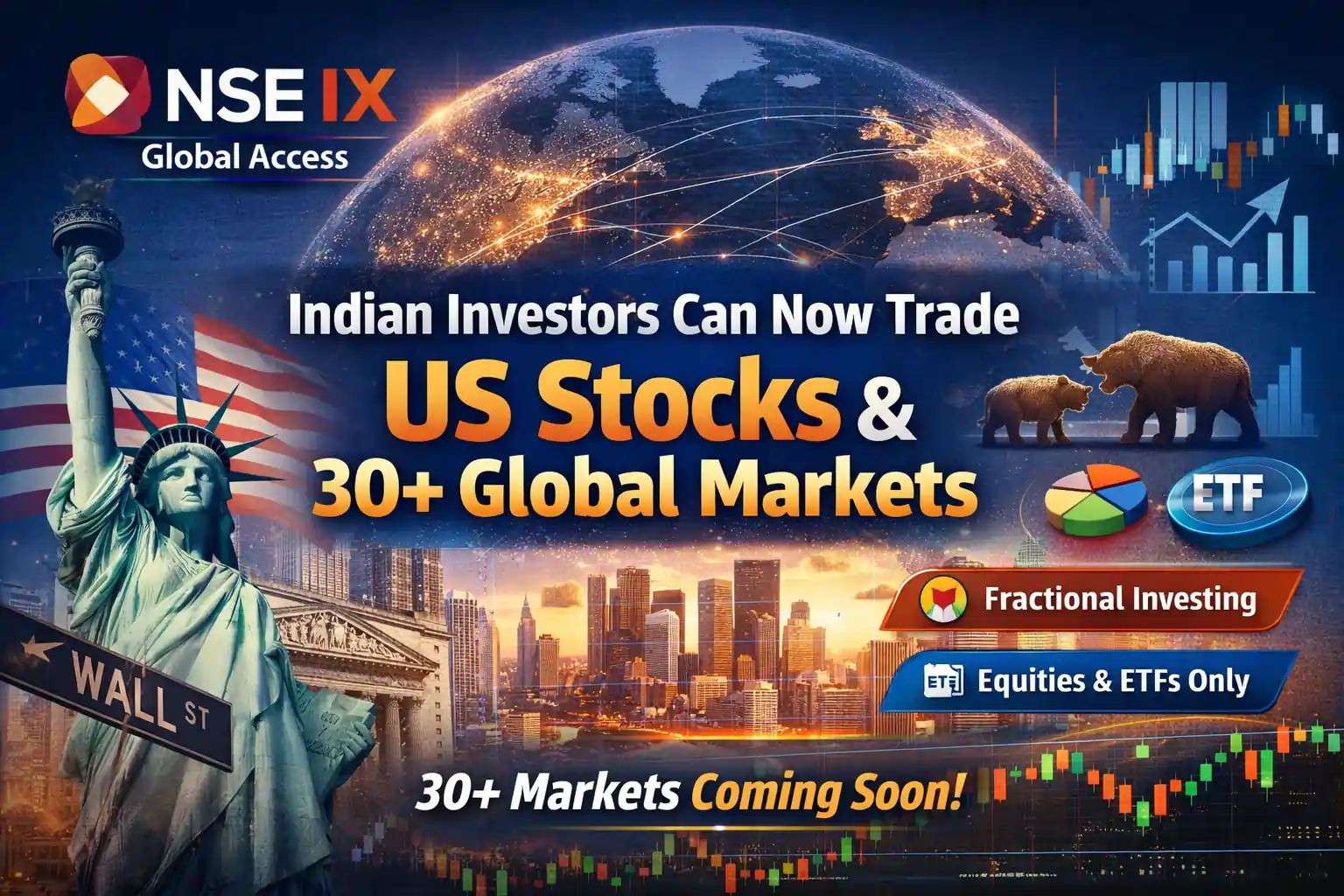Illustration showing NSE IX Global Access platform allowing Indian investors to trade US stocks and ETFs with planned expansion to over 30 global markets.