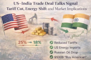 US India Trade Deal showing tariff reduction, energy imports, oil and market impact