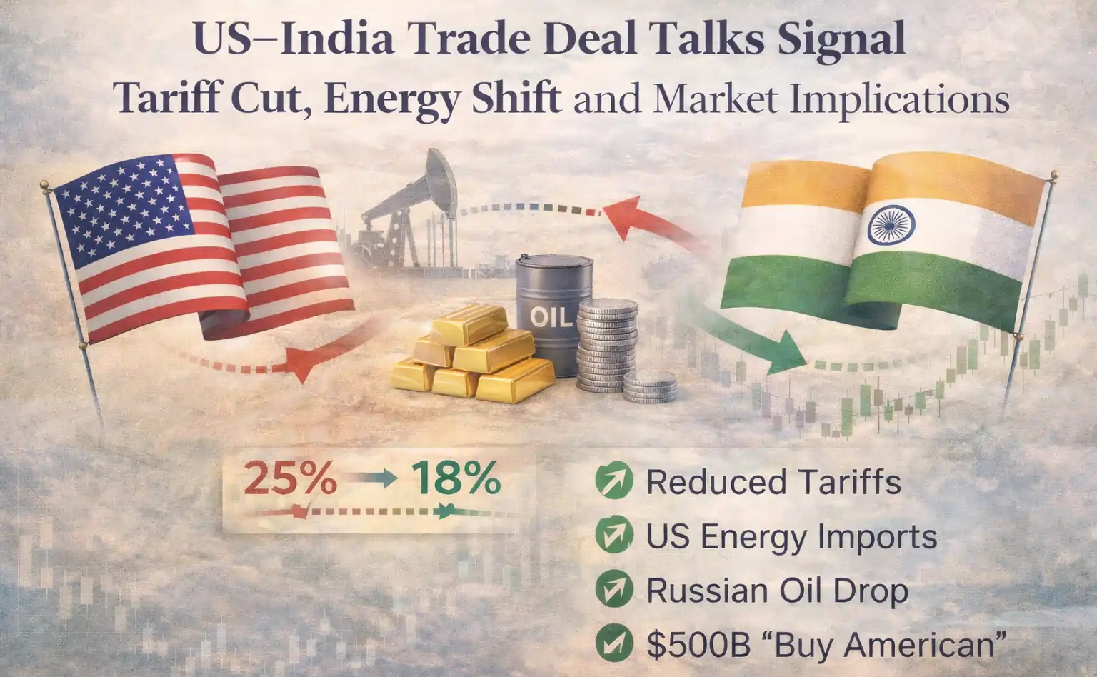 US India Trade Deal showing tariff reduction, energy imports, oil and market impact