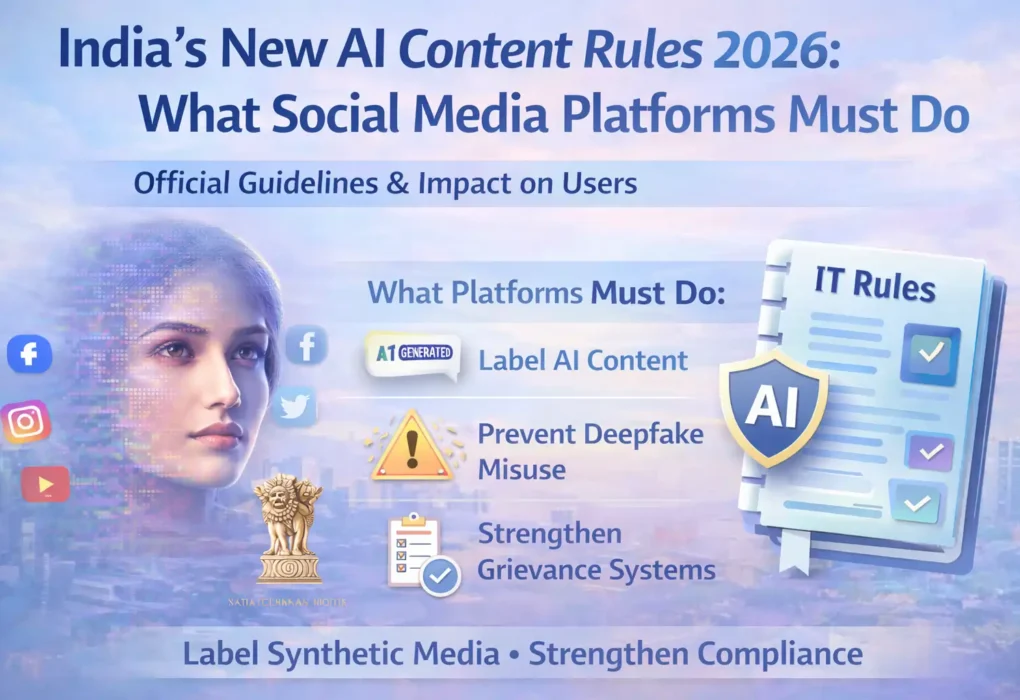 Graphic explaining India AI Content Rules 2026 under amended IT Rules, highlighting social media platform obligations to label AI-generated content, prevent deepfakes, and strengthen grievance compliance systems.