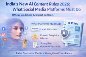 Graphic explaining India AI Content Rules 2026 under amended IT Rules, highlighting social media platform obligations to label AI-generated content, prevent deepfakes, and strengthen grievance compliance systems.