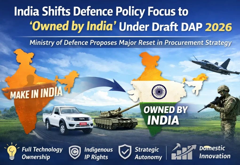 Graphic illustrating India’s draft DAP 2026 defence policy shift from “Make in India” to “Owned by India,” focusing on indigenous technology ownership, IP rights, and strategic autonomy.