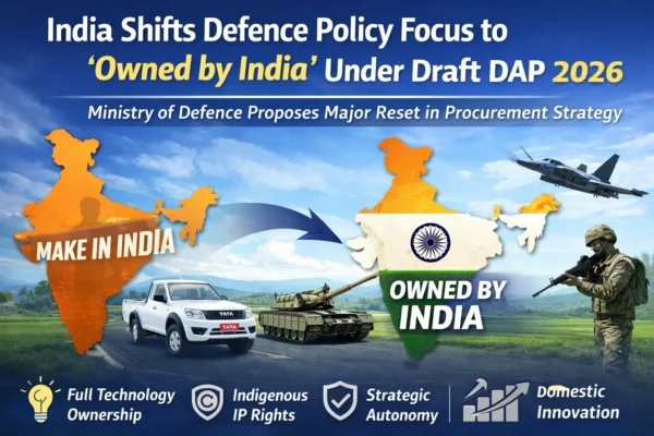 Graphic illustrating India’s draft DAP 2026 defence policy shift from “Make in India” to “Owned by India,” focusing on indigenous technology ownership, IP rights, and strategic autonomy.