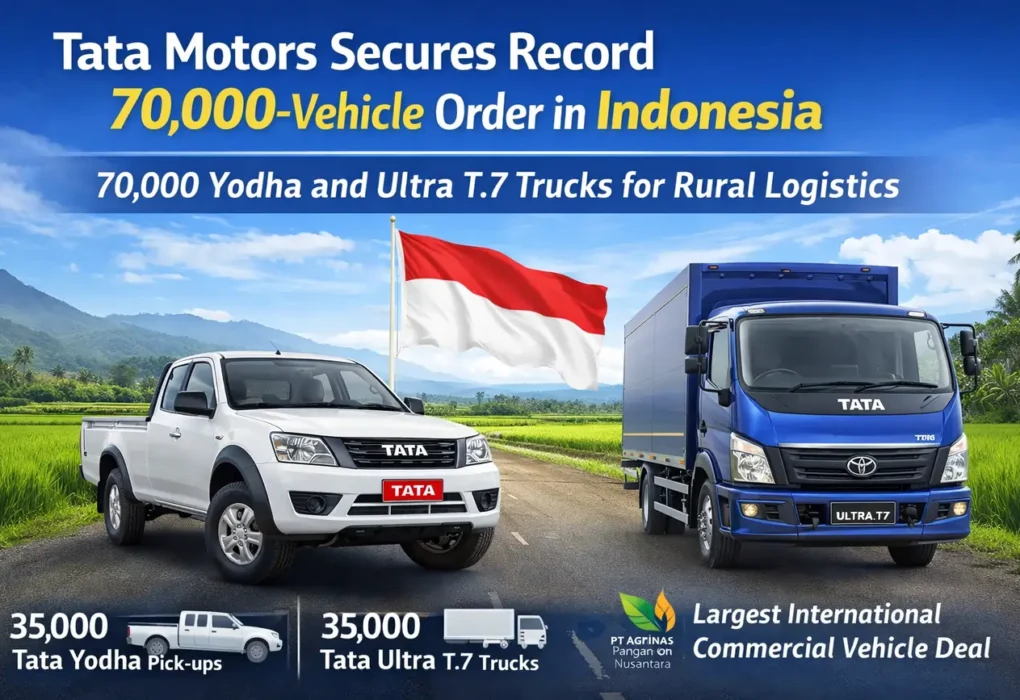 Tata Motors secures record 70,000 vehicle order in Indonesia, supplying 35,000 Yodha pick-ups and 35,000 Ultra T.7 trucks for agricultural and rural logistics deployment.