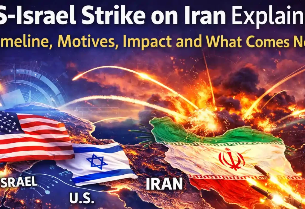 Illustration showing US Israel strike on Iran with missiles, map of the Middle East, and explosion visuals representing geopolitical escalation.