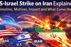 Illustration showing US Israel strike on Iran with missiles, map of the Middle East, and explosion visuals representing geopolitical escalation.