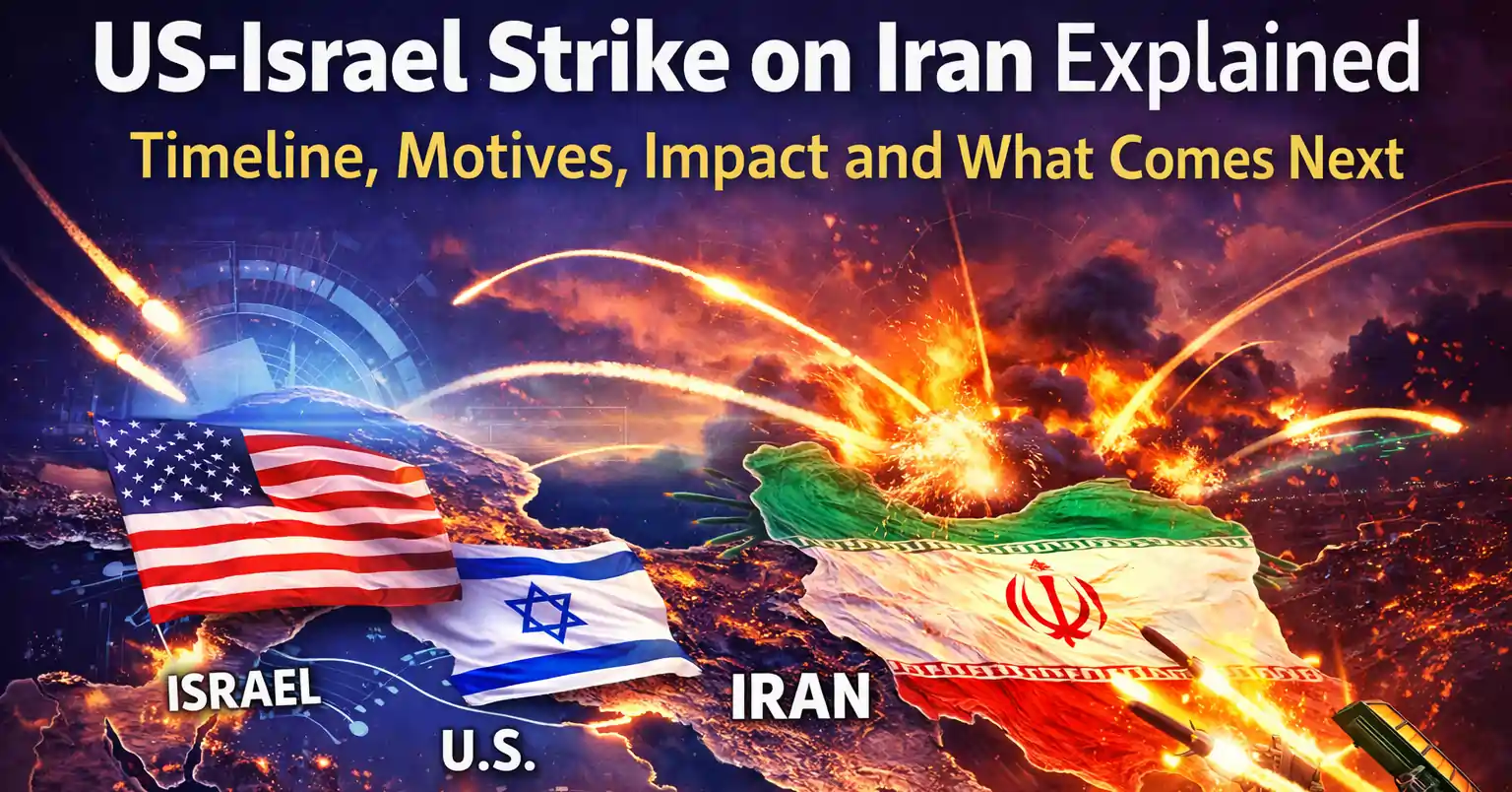 Illustration showing US Israel strike on Iran with missiles, map of the Middle East, and explosion visuals representing geopolitical escalation.