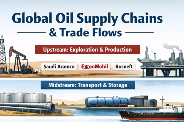 Global oil supply chains infographic showing production, transport, key chokepoints, exporters, importers, and trade routes