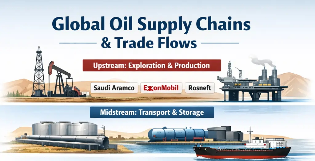 Global oil supply chains infographic showing production, transport, key chokepoints, exporters, importers, and trade routes