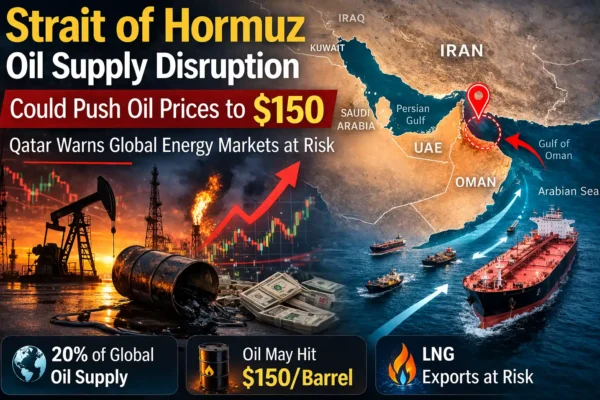 Strait of Hormuz oil supply disruption risk showing global oil routes and impact on crude oil prices as tensions rise in the Middle East