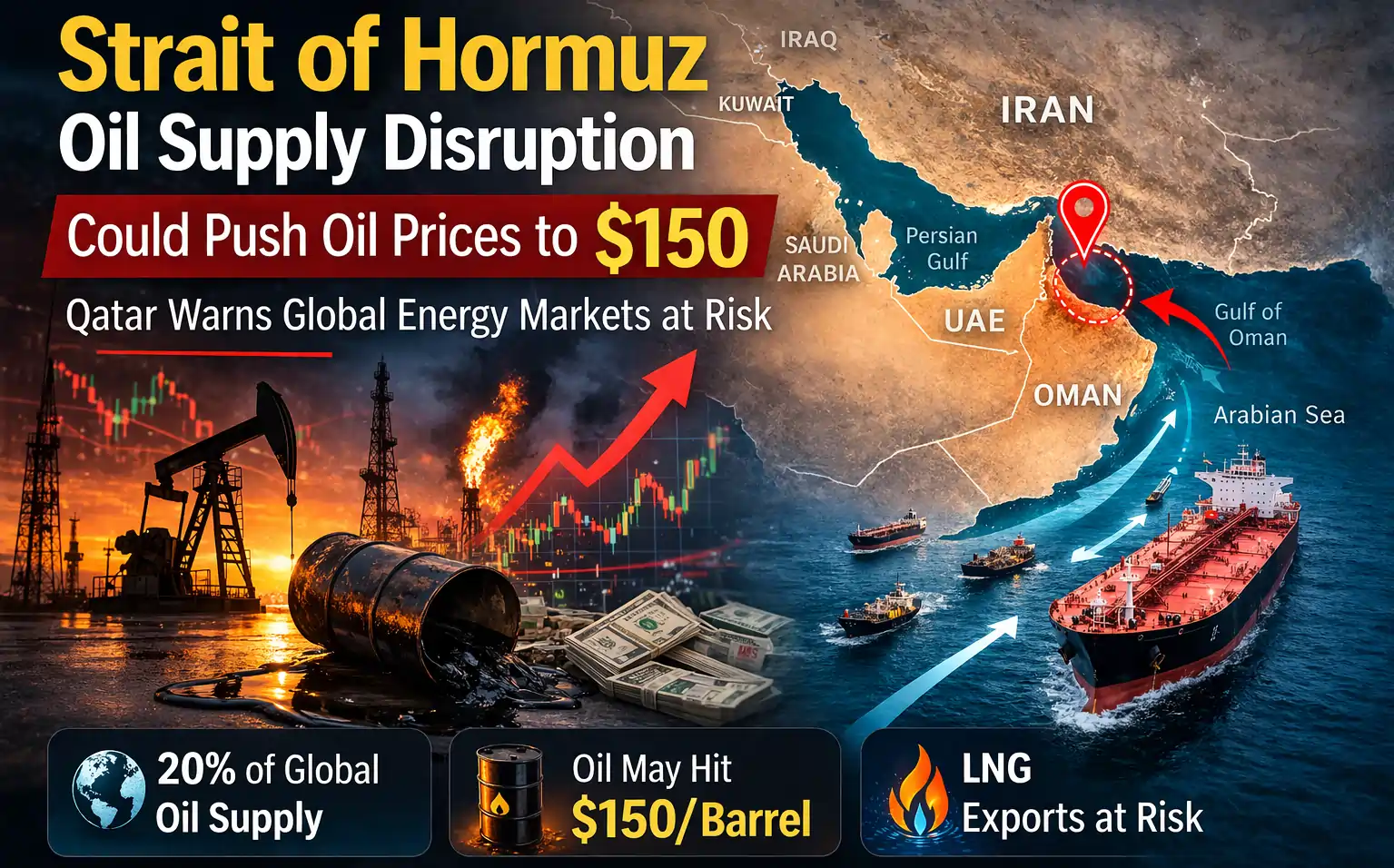 Strait of Hormuz oil supply disruption risk showing global oil routes and impact on crude oil prices as tensions rise in the Middle East