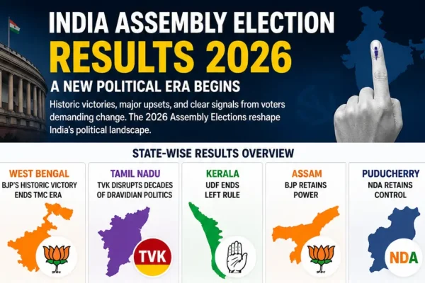 india assembly election results 2026 map showing state-wise winners and BJP victory in west bengal