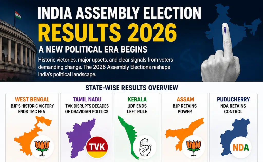 india assembly election results 2026 map showing state-wise winners and BJP victory in west bengal