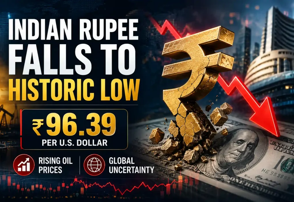 indian rupee hits record low near 96.39 against us dollar amid rising oil prices