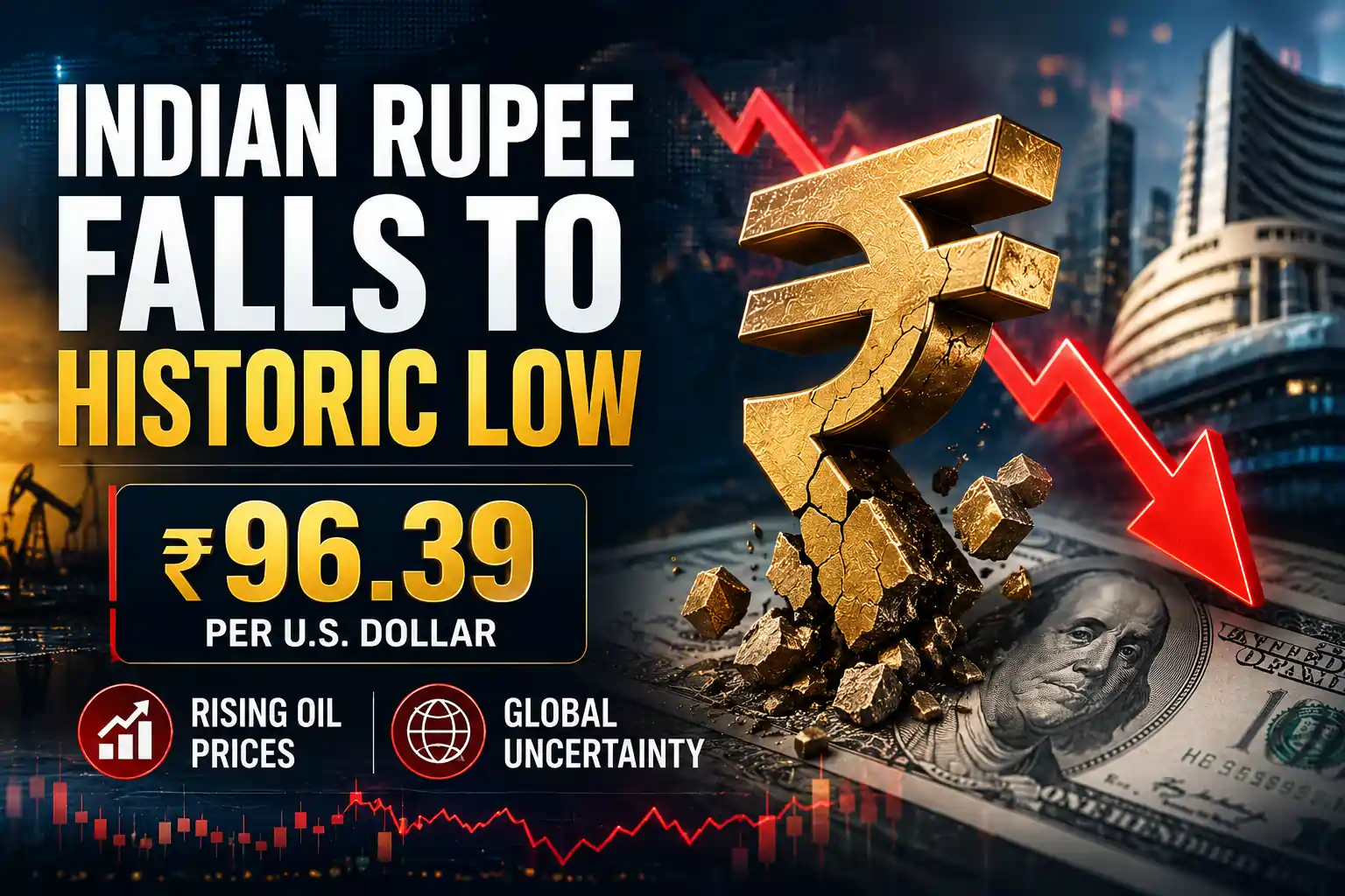 indian rupee hits record low near 96.39 against us dollar amid rising oil prices