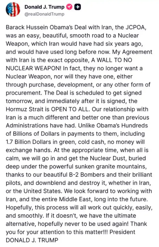 Trump Iran deal signed Strait of Hormuz open B2 bombers nuclear dust market impact crude oil