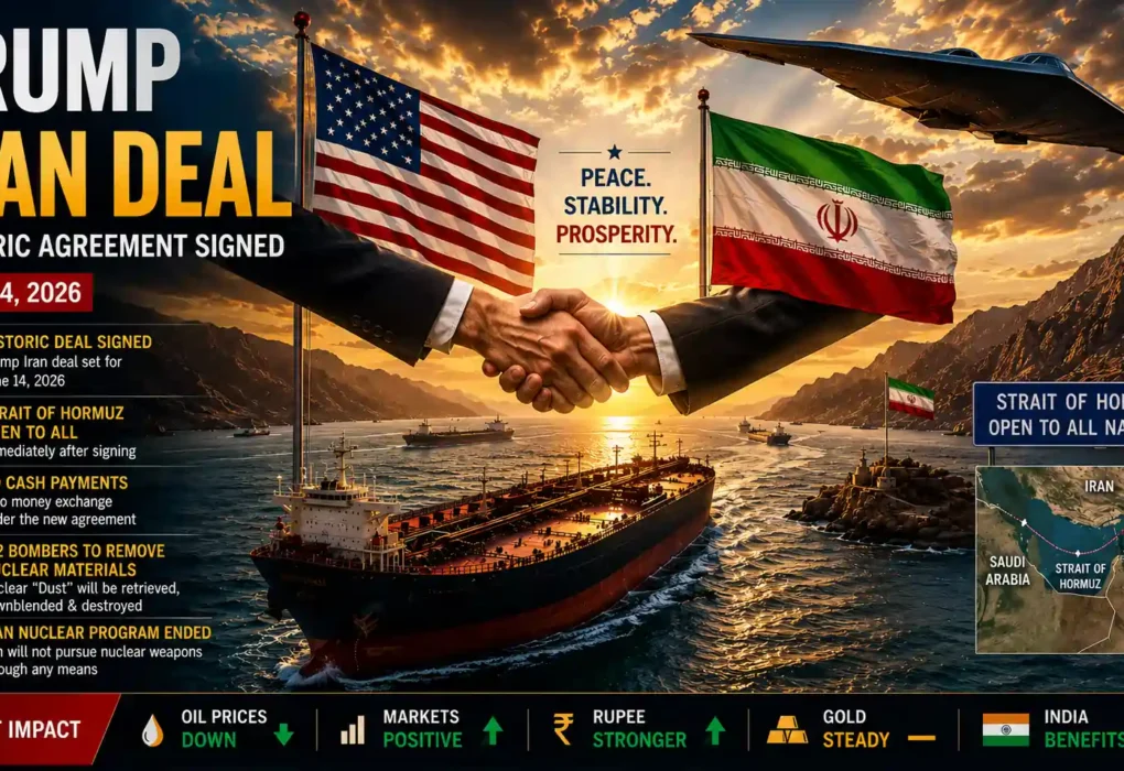 President Trump Iran Deal 2026 with Strait of Hormuz reopening, oil tanker, US and Iran flags, and B-2 bomber over Middle East waters.