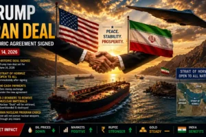 President Trump Iran Deal 2026 with Strait of Hormuz reopening, oil tanker, US and Iran flags, and B-2 bomber over Middle East waters.