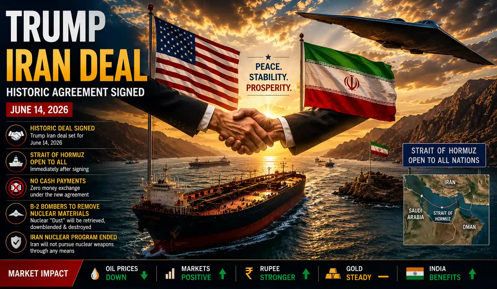 President Trump Iran Deal 2026 with Strait of Hormuz reopening, oil tanker, US and Iran flags, and B-2 bomber over Middle East waters.